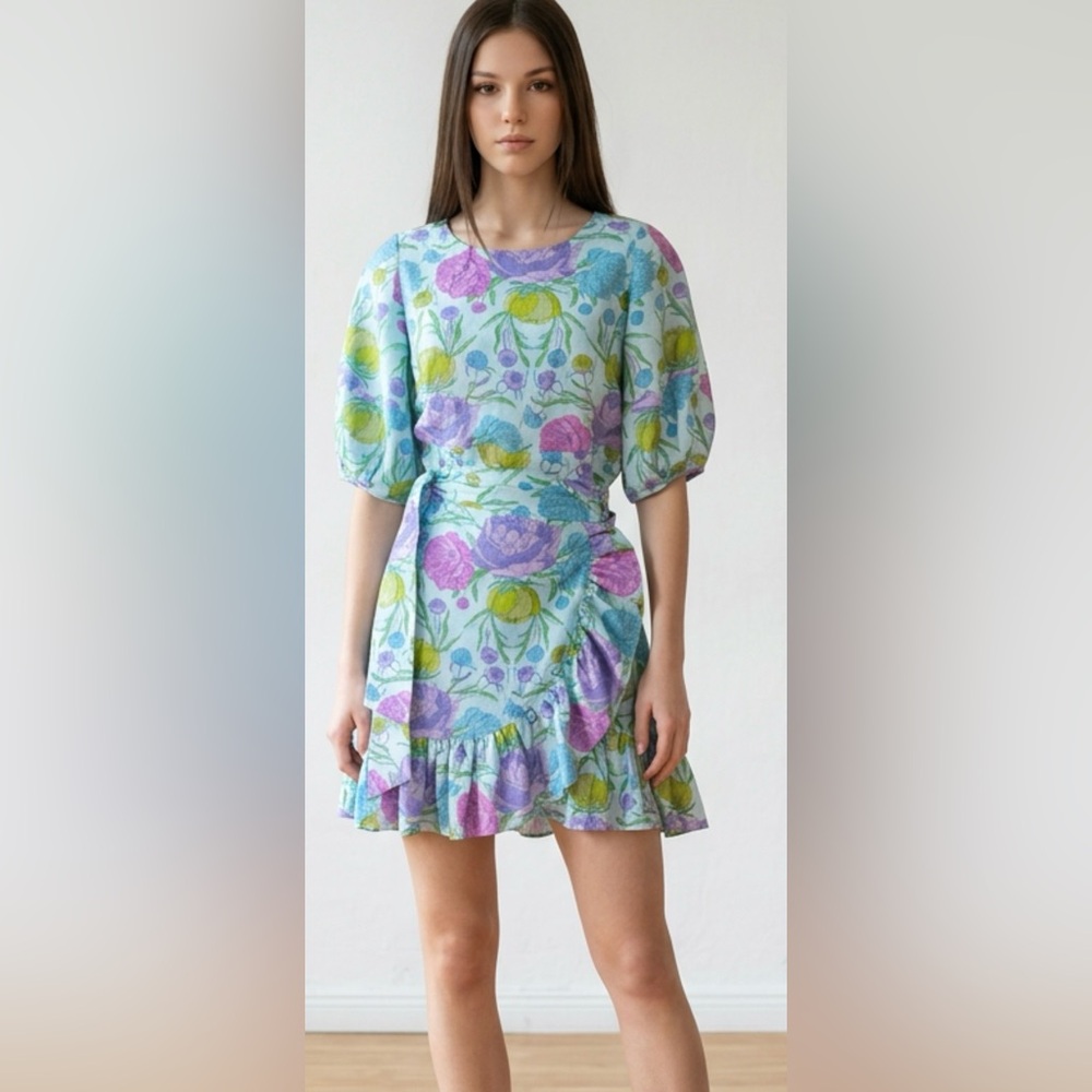 Emily McCarthy Floral Print Puff Sleeve side tie Dress size S - Picture 2 of 7